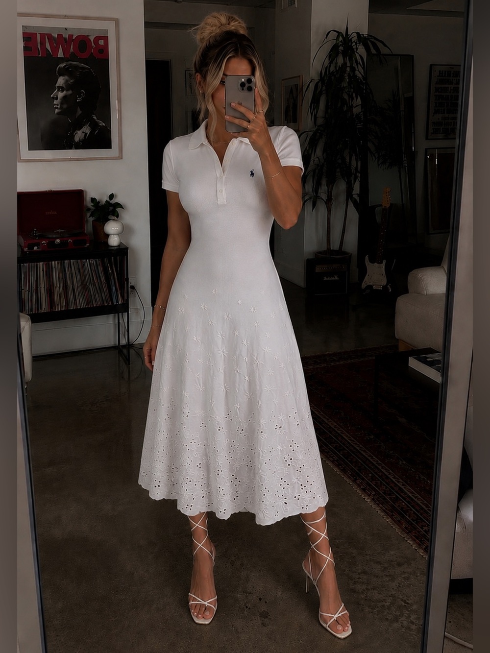 Polo Ralph Lauren White Eyelet Embroidered Polo Shirt Midi Dress Small Preppy